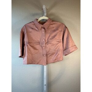 Pink Cropped Shirt Jacket Women's Short Sleeve Button Up Blouse‎ Top